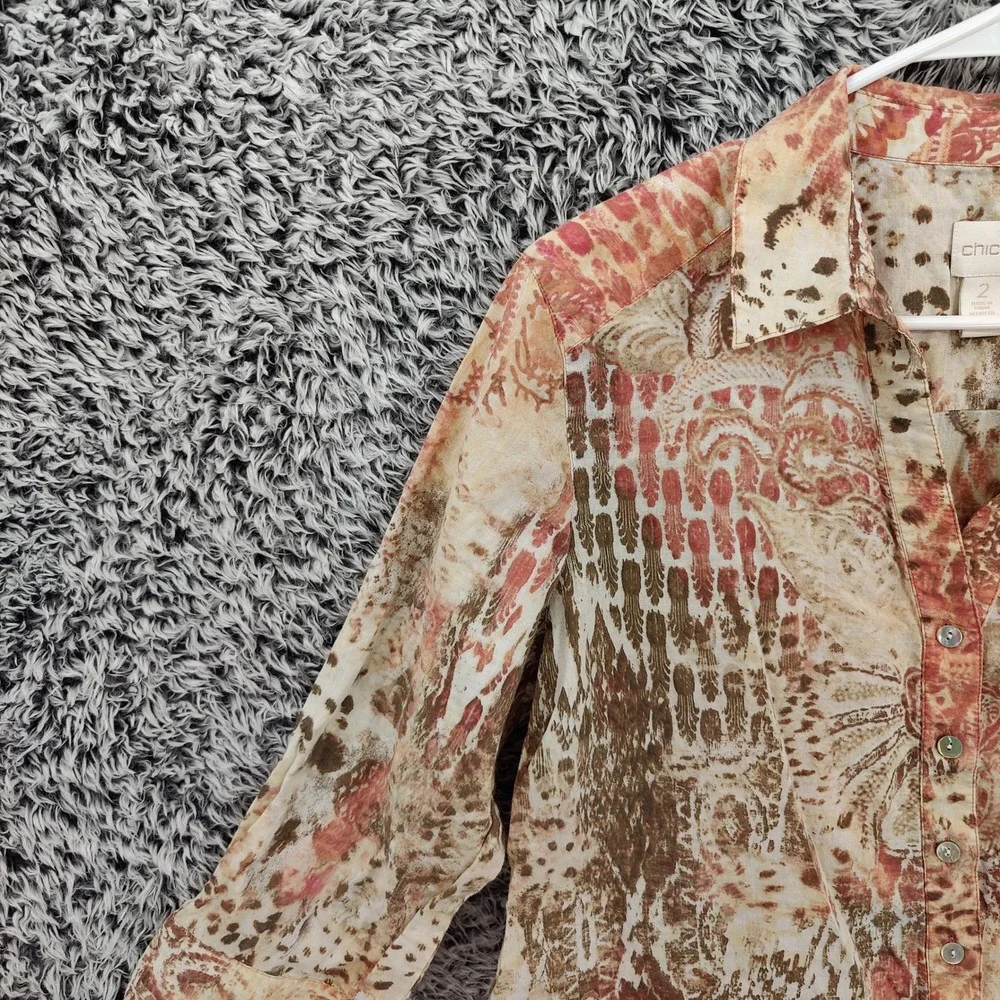 Chicos Women Maximalist Earthy Abstract Animal Button Down Shirt 2 Large Tan - Picture 5 of 16